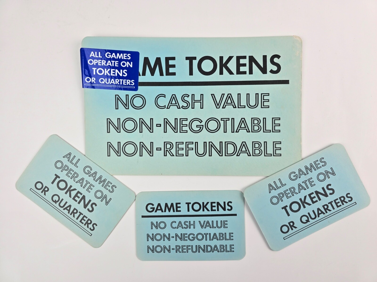 Lot of 4 Vintage Arcade Cardboard Signs Game Tokens No Cash Value Double-sided
