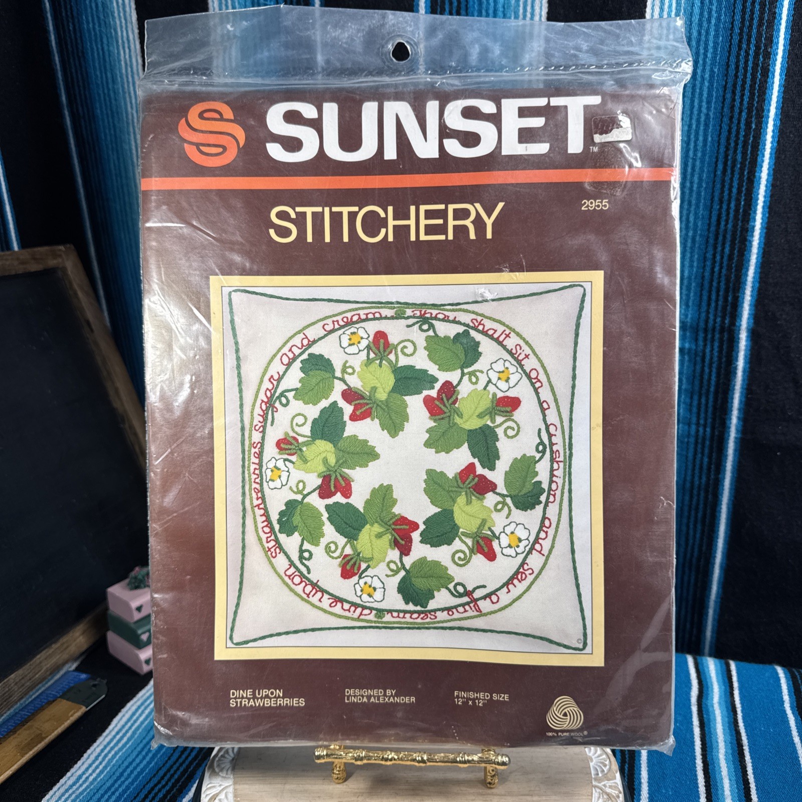 NOS VTG Sunset Stitchery “Dine Upon Strawberries” kit. 12”x12” Finished Size