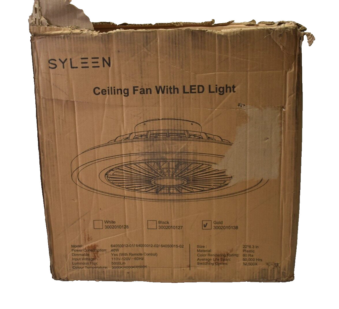 Syleen Ceiling Fan w LED Light Gold Finish 3002010138 64050015-02 5000 Lumen