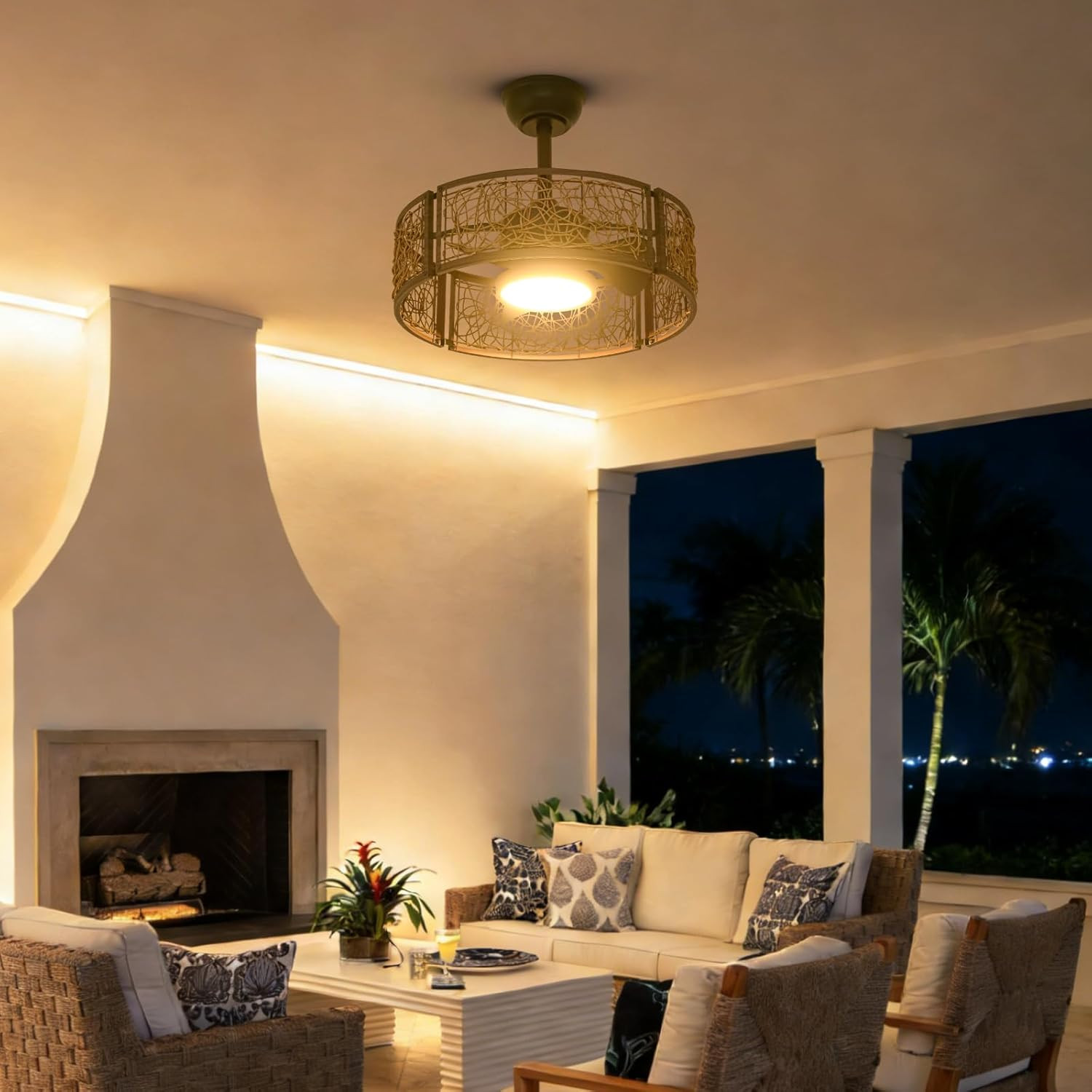 20" Oak Finish Caged Ceiling Fan with Dimmable LED Lights & Remote Control
