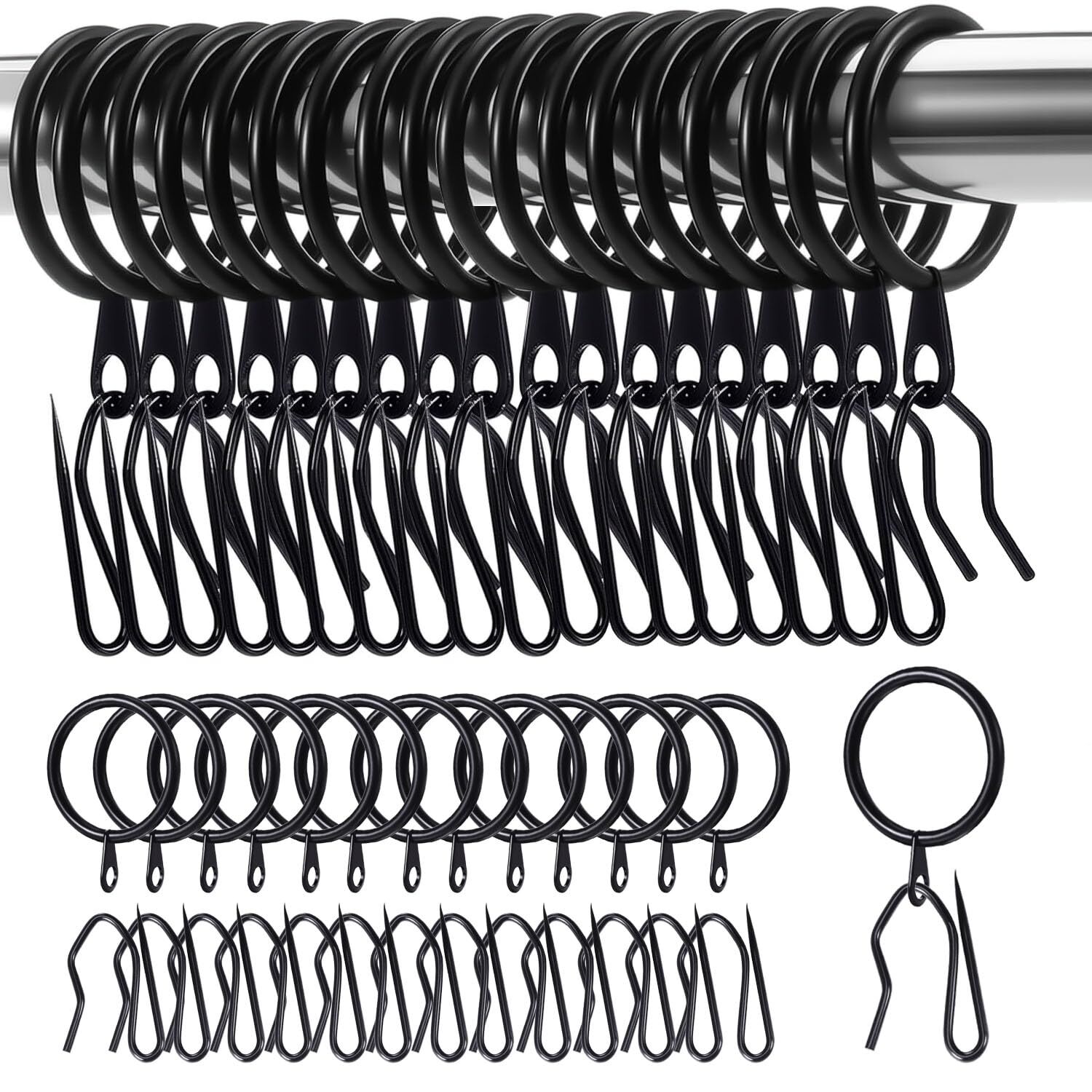 30Pcs Black Curtain Rings with Hooks 30mm Internal Diameter Metal Curtain Rin...