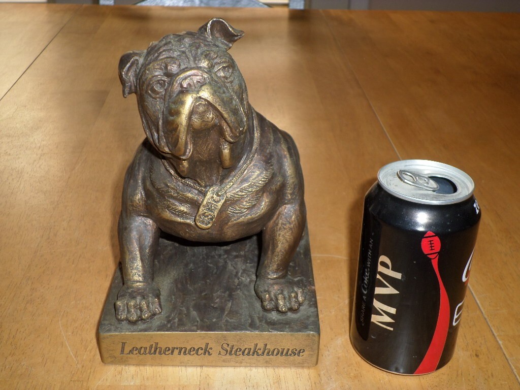 U.S.M.C. BULLDOG MASCOT- "U.S. MARINES' MEMORIAL CLUB", RESIN STATUE, 8.25" TALL