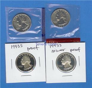 1993 P D S S Quarters Proof/Silver Proof/BU -4 Coin Set