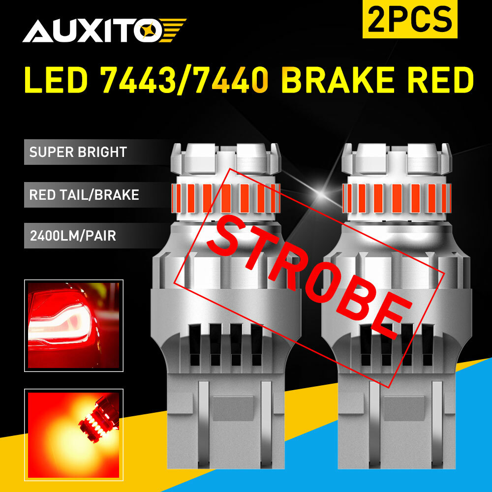 2x 7443 7440 7444 LED Red Bright Strobe Flash Brake Tail Light Stop Bulbs AUXITO