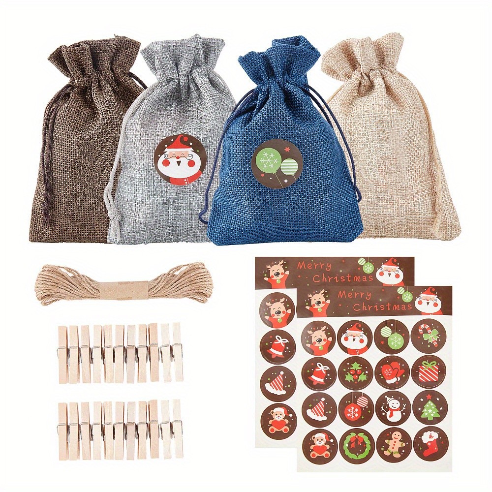 1set Burlap Gift Bags 32pcs Burlap Bags with Drawstring with Christmas Stickers