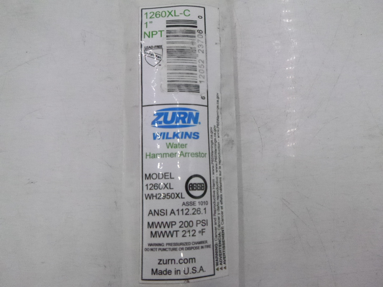Zurn 1" NPT Water Hammer Arrestor 1260Xl-C 200 PSI