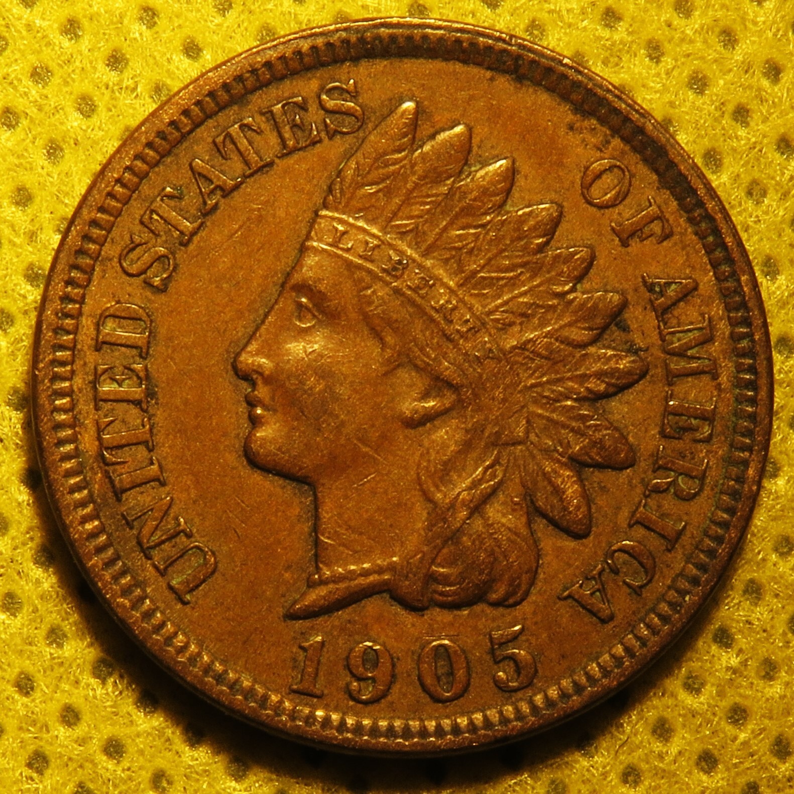 Almost Uncirculated 1905 Indian Head Cent showing full diamonds!