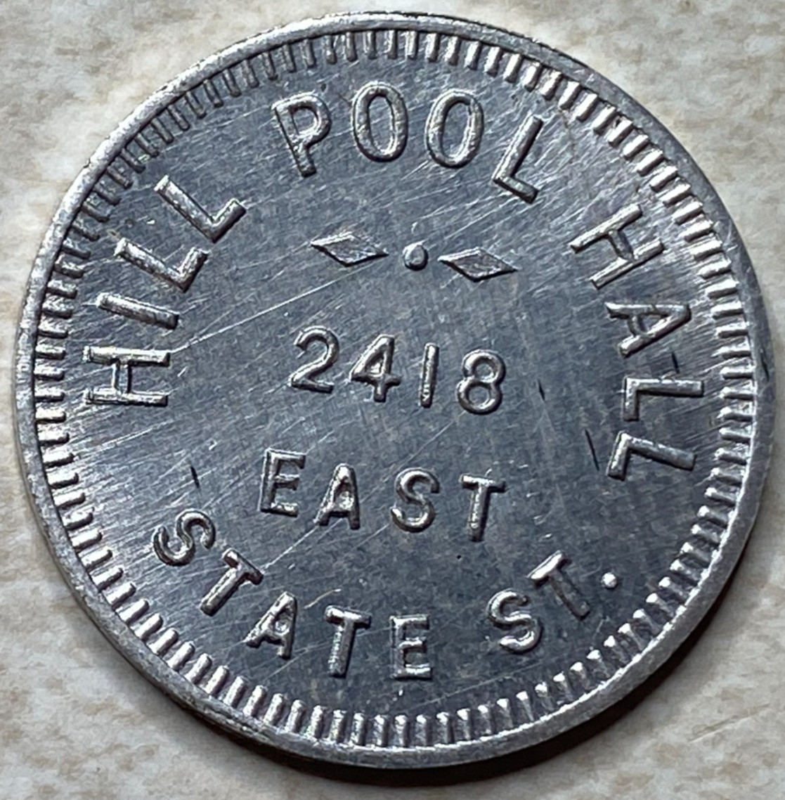 T9036 Hill Pool Hall Long Beach, CA  Anillo Restrike Arcade Token