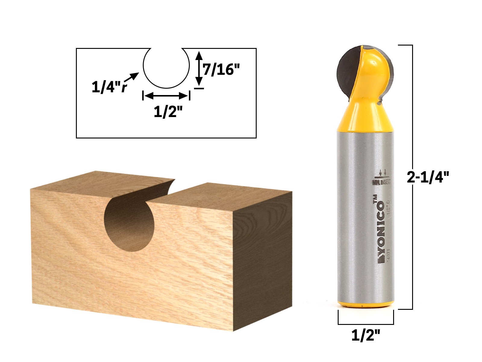1/2" Diameter Ball End Grooving Router Bit - 1/2" Shank - Yonico 14071