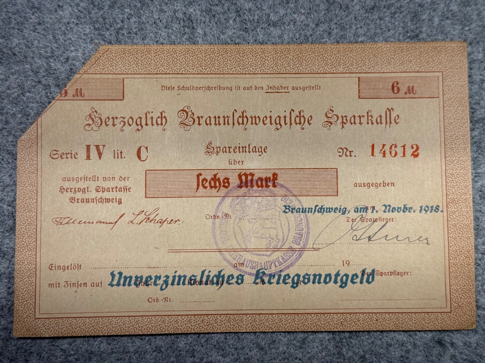 1918 Germany 6 Mark Federal state of Brunswick Notgeld SPC1338