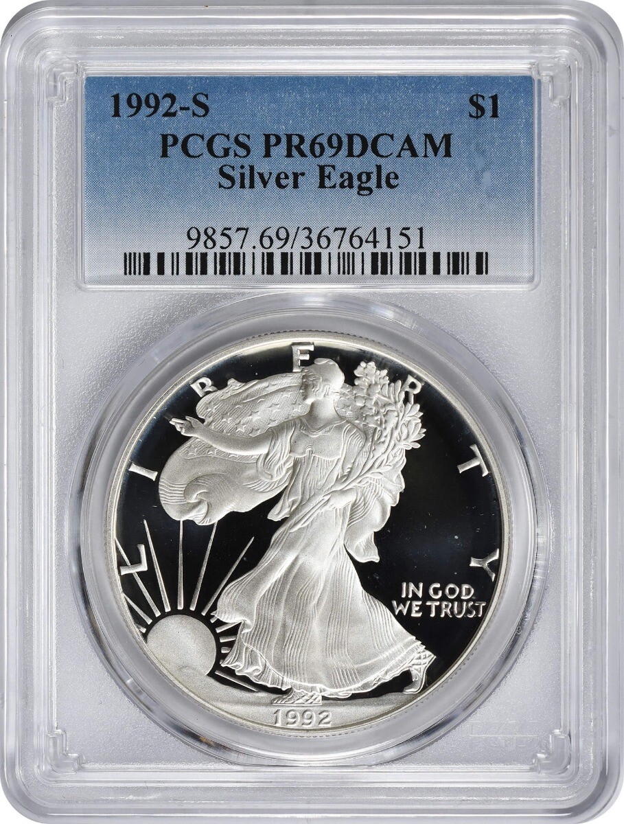1992-S American Silver Eagle Dollar PR69DCAM PCGS Proof 69 Deep Cameo