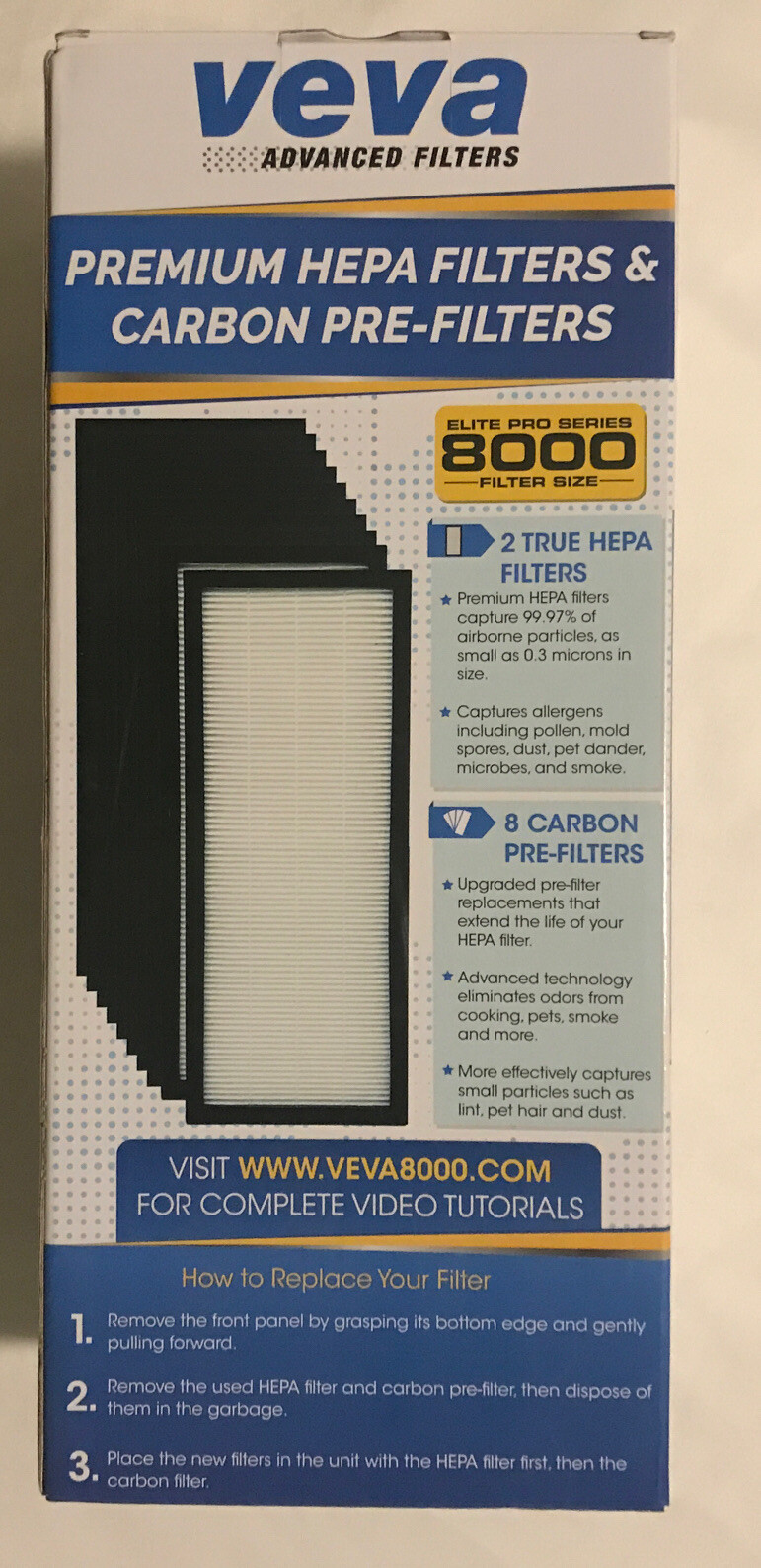 VEVA 8000 Elite Pro Series 2 True HEPA Filters & 8 Carbon Pre Filters New In Box