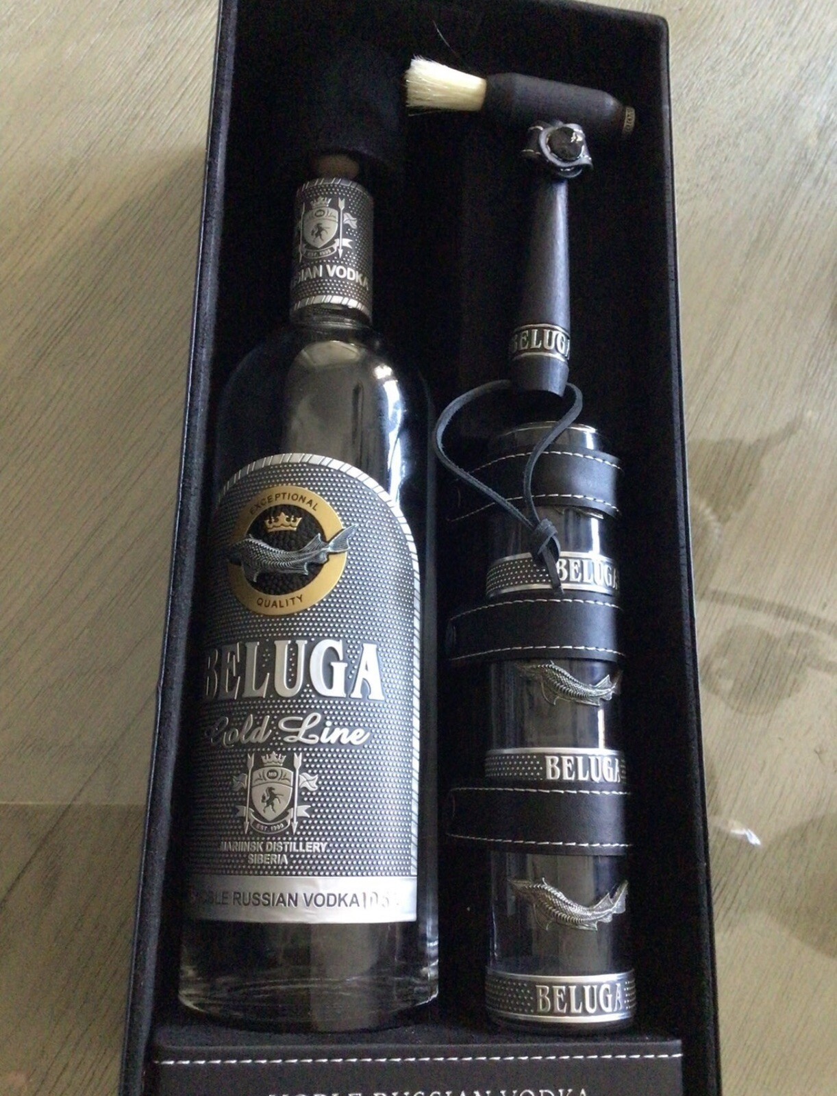 Beluga Gold Line Russian Vodka Empty Bottle Shot Glasses  Hammer Case Fish Motif