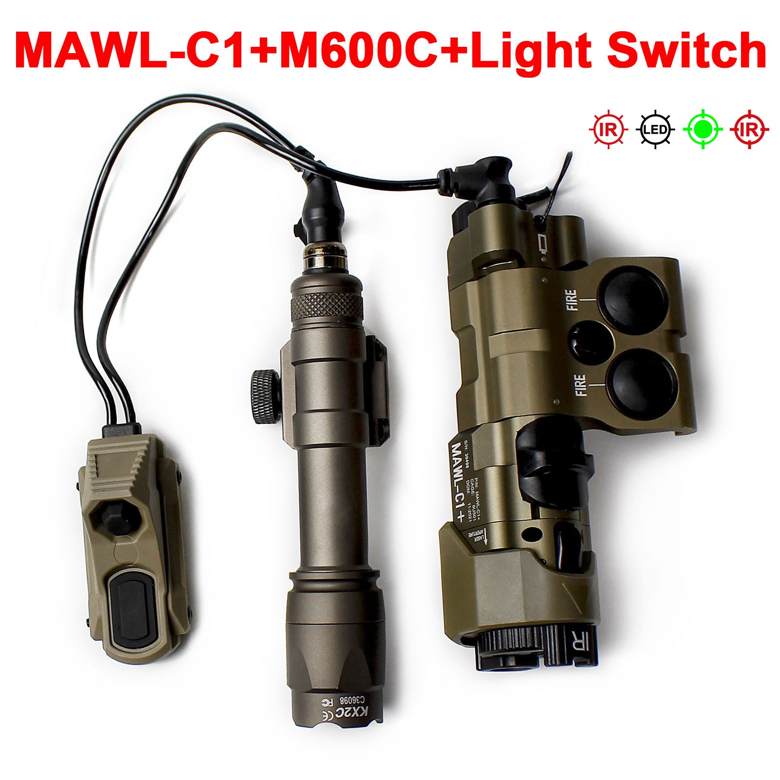 MAWL C1 Night Vision light With IR Green Laser + M600C LED Flashlight + Switch