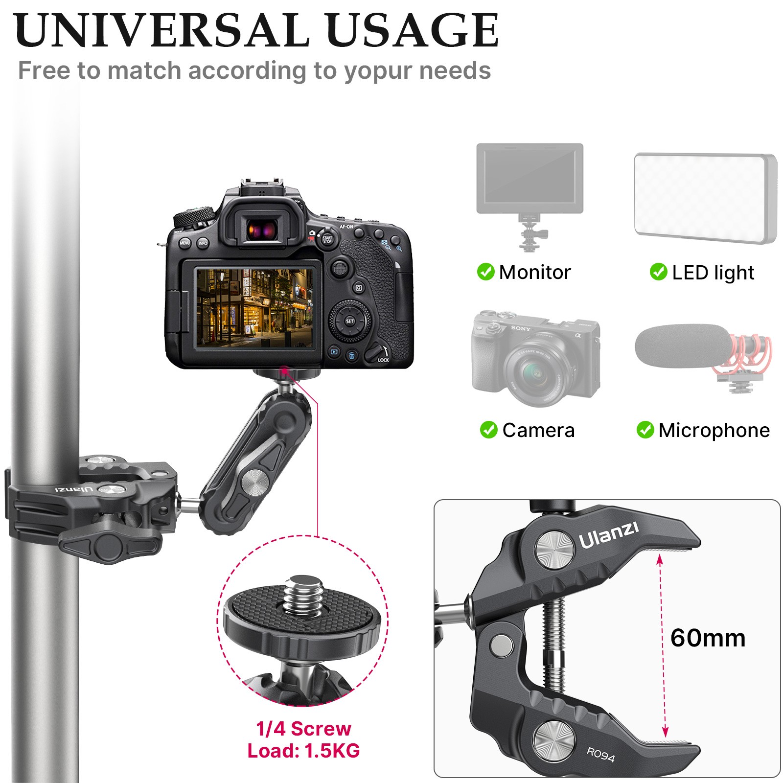 Super Clamp Camera Mount Clamp Pan 1/4 & 3/8 Thread Holes 360° Ball Head R094