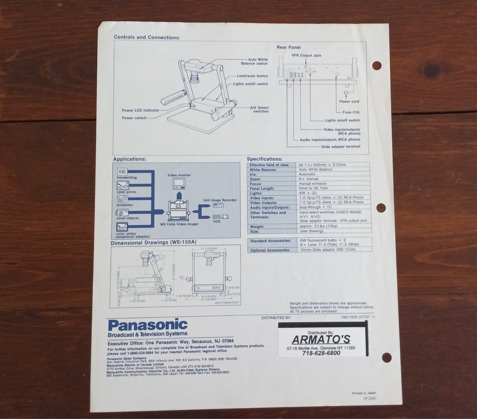 Original Panasonic Video Imager WE-160 Brochure with Specs!