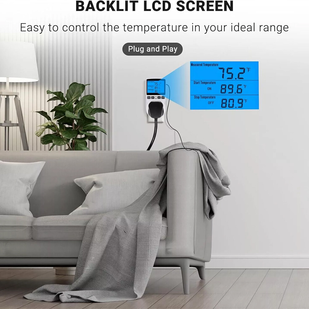 Digital Thermostat Outlet Plug Temperature Controller Heating Cooling w/ ProbejG