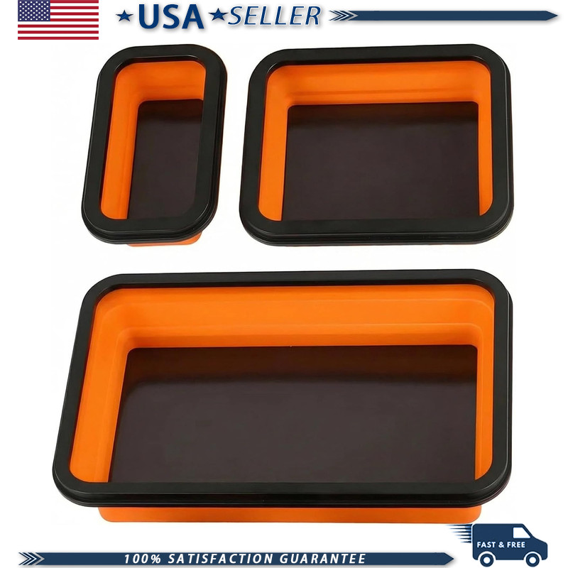 Collapsible Magnetic Parts Tray Set, 3 Sizes, Orange, Foldable Silicone Screws,