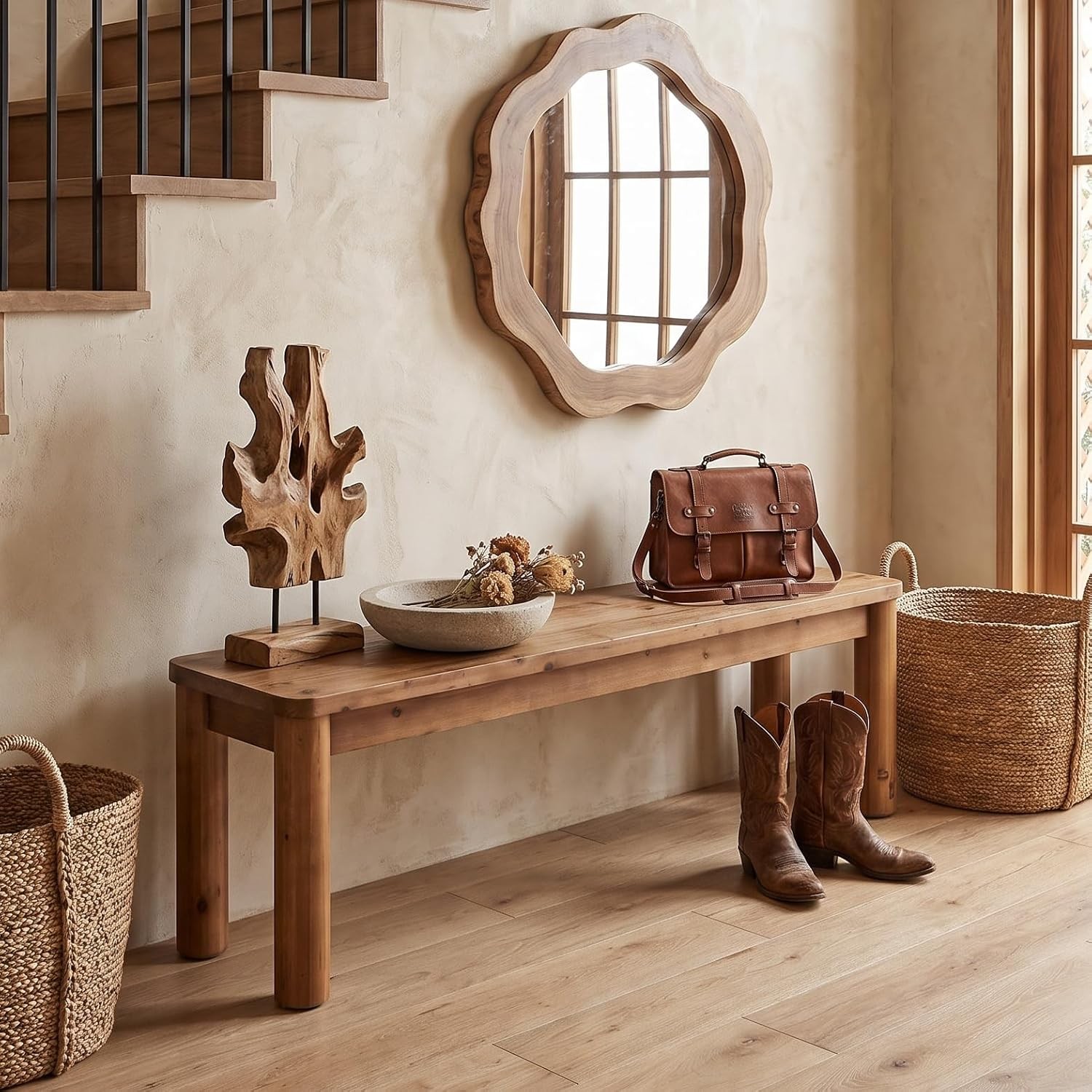 55" Solid Wood Entryway Bench, Farmhouse Wooden End of Bed Bench for Bedroom