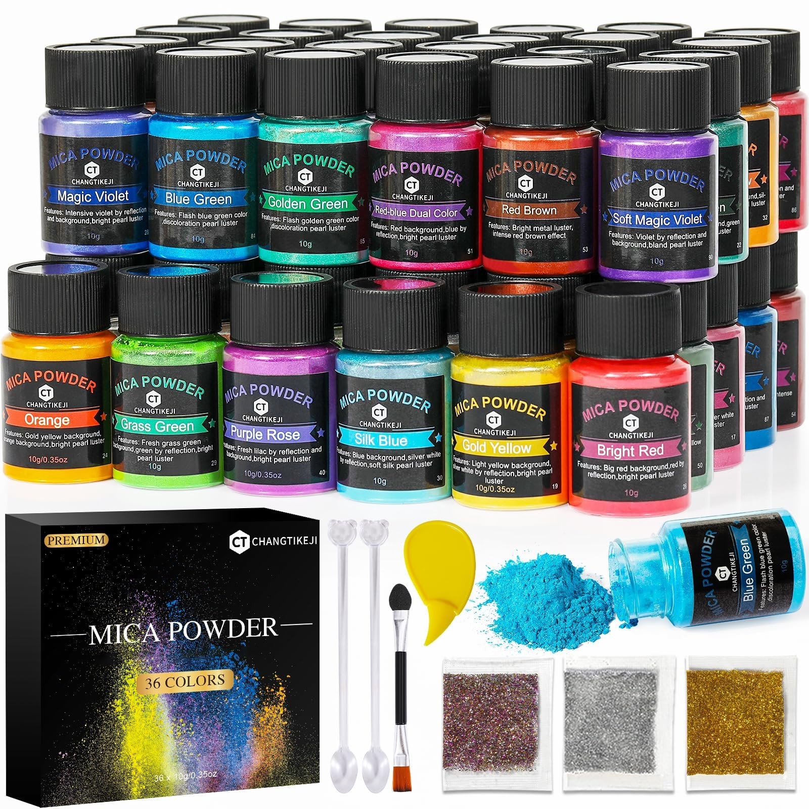 CHANGTIKEJI Mica Powder，36 Colors - 10g/Bottle of Natural Assorted