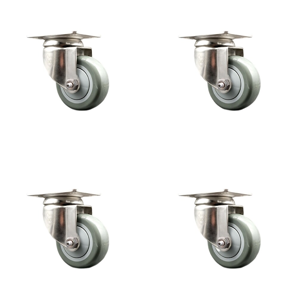 3.5 Inch 316SS Gray Polyurethane Wheel Swivel Top Plate Caster Set SCC