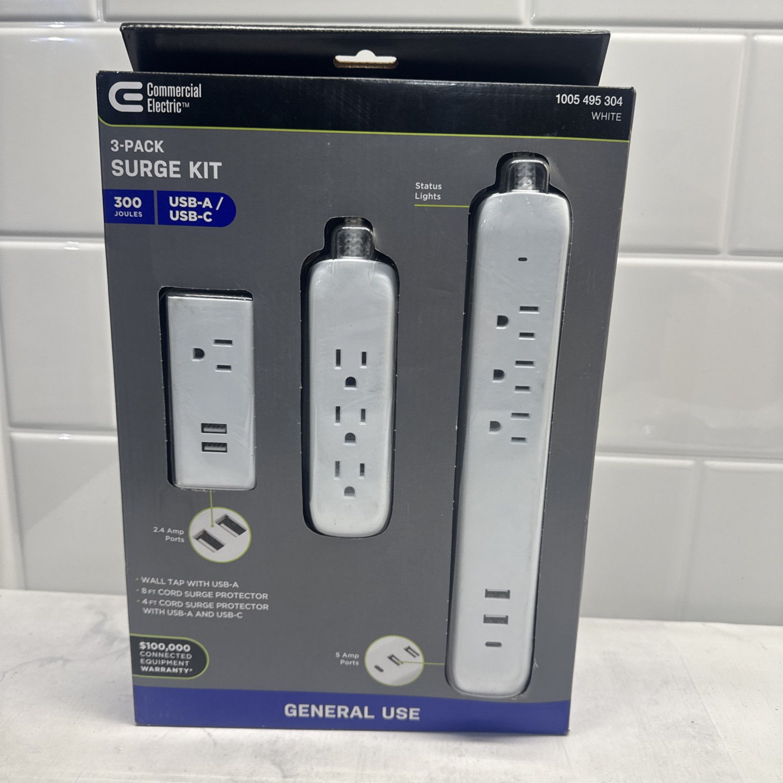Commercial Electric 3 Pack Surge Kit with USB-A and USB-C Ports