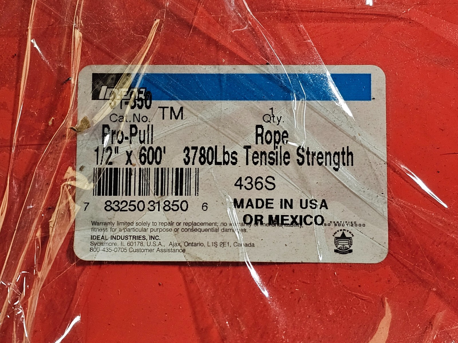 Ideal 1/2" Diameter X 600 Ft Long Pro-Pull Polypropylene Rope Blue/Yellow 31-850