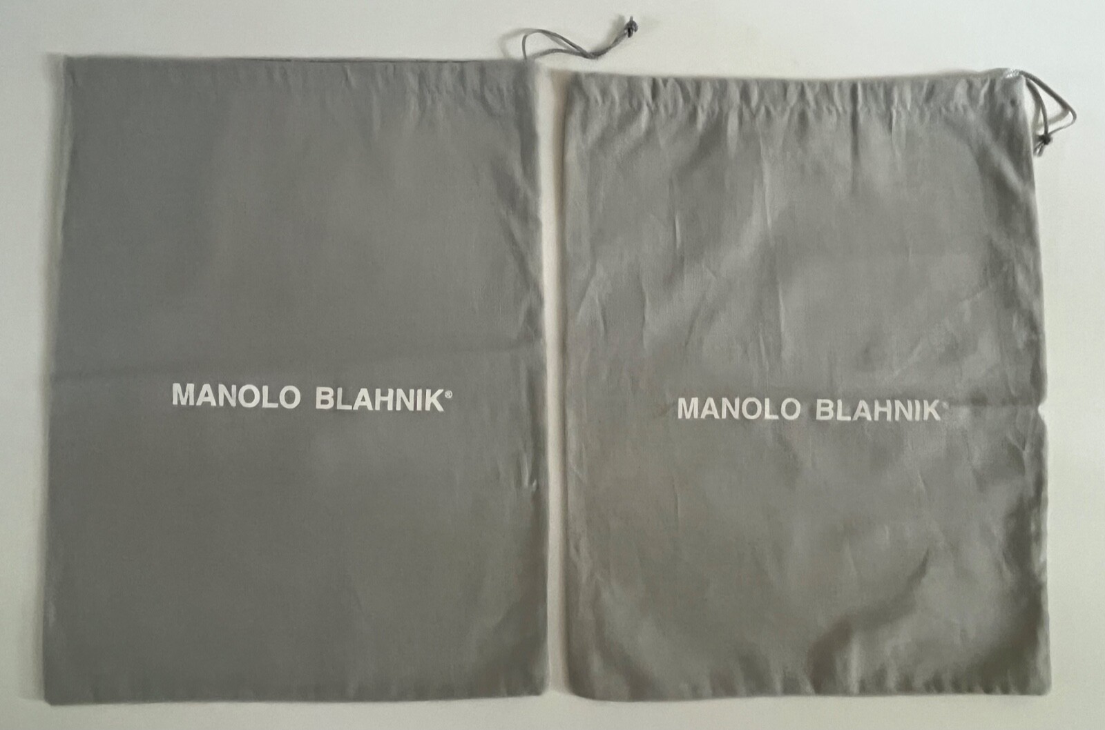 NWOT-Set of 2 MANOLO BLAHNIK Gray Drawstring Dustbags 10.5”  x 14”