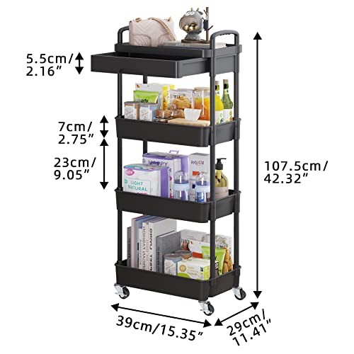Rolling Utility Cart with Drawer,Multifunctional Storage 4-Tier Black