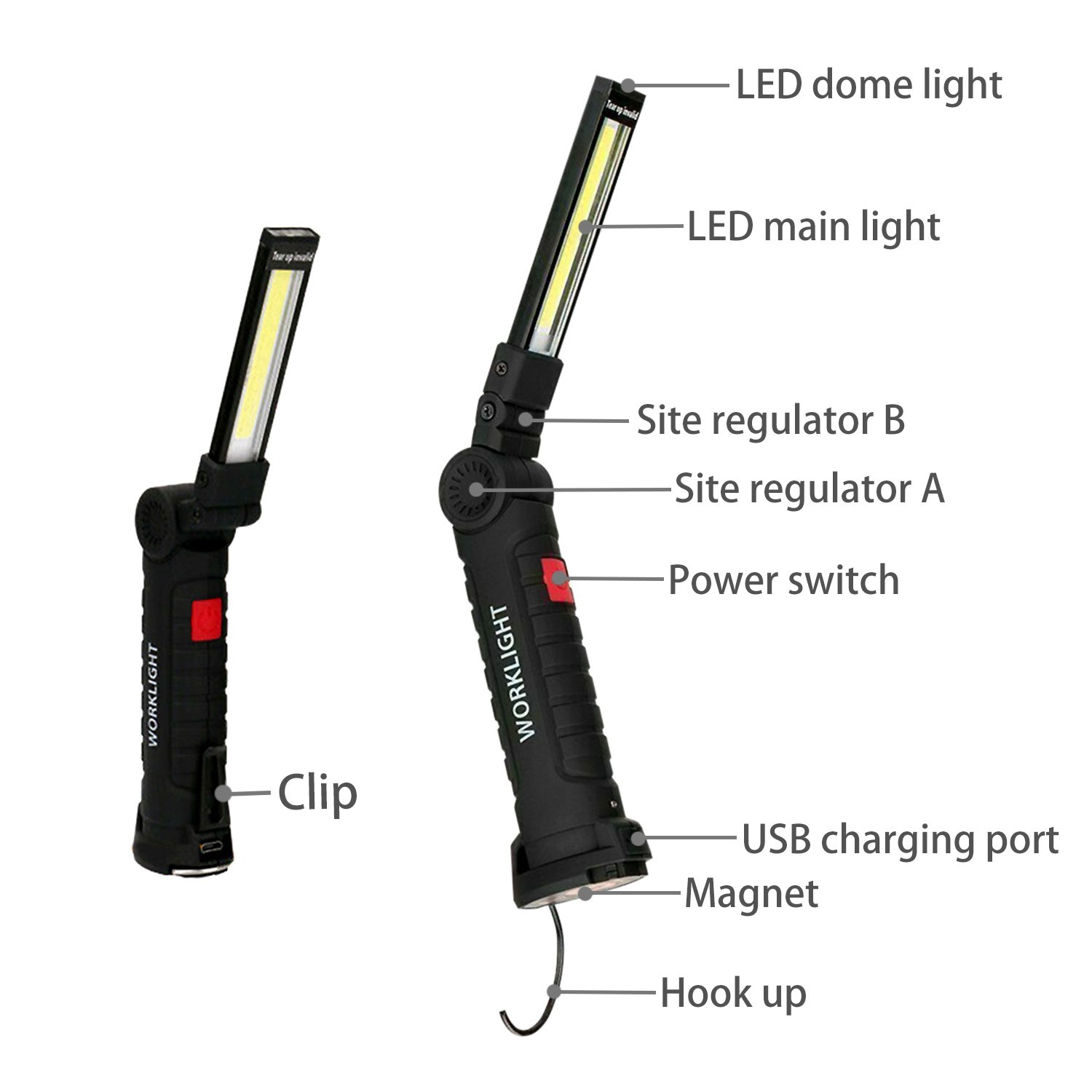 2PCS Magnetic Rechargeable COB LED RED Work Light Lamp Flashlight Folding Torch