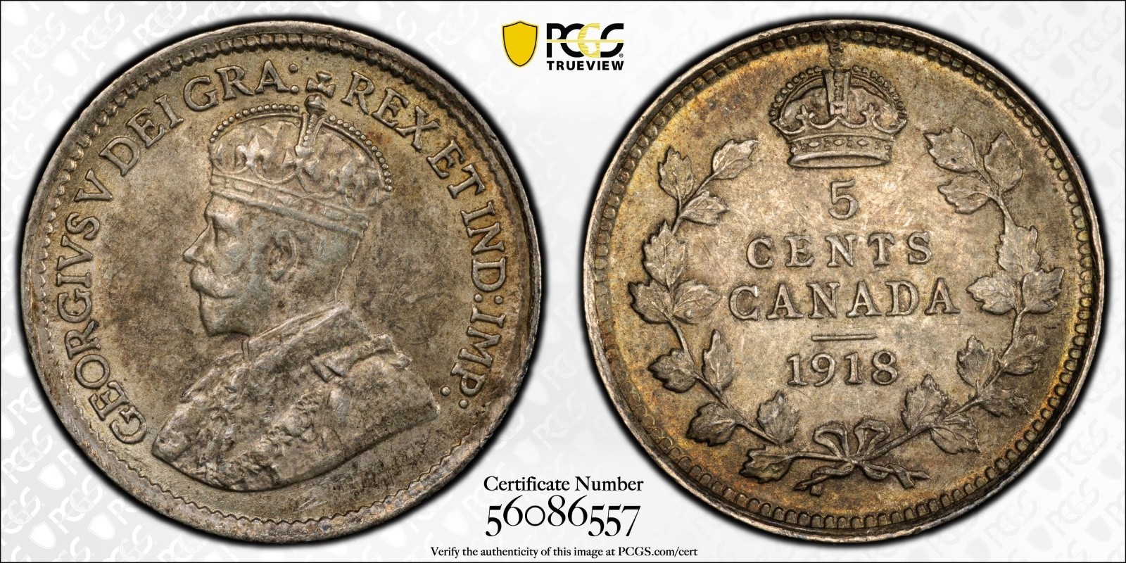 1918 Canada 5 Cents PCGS AU58 Sterling Silver King George V KM#22 Toned Coin