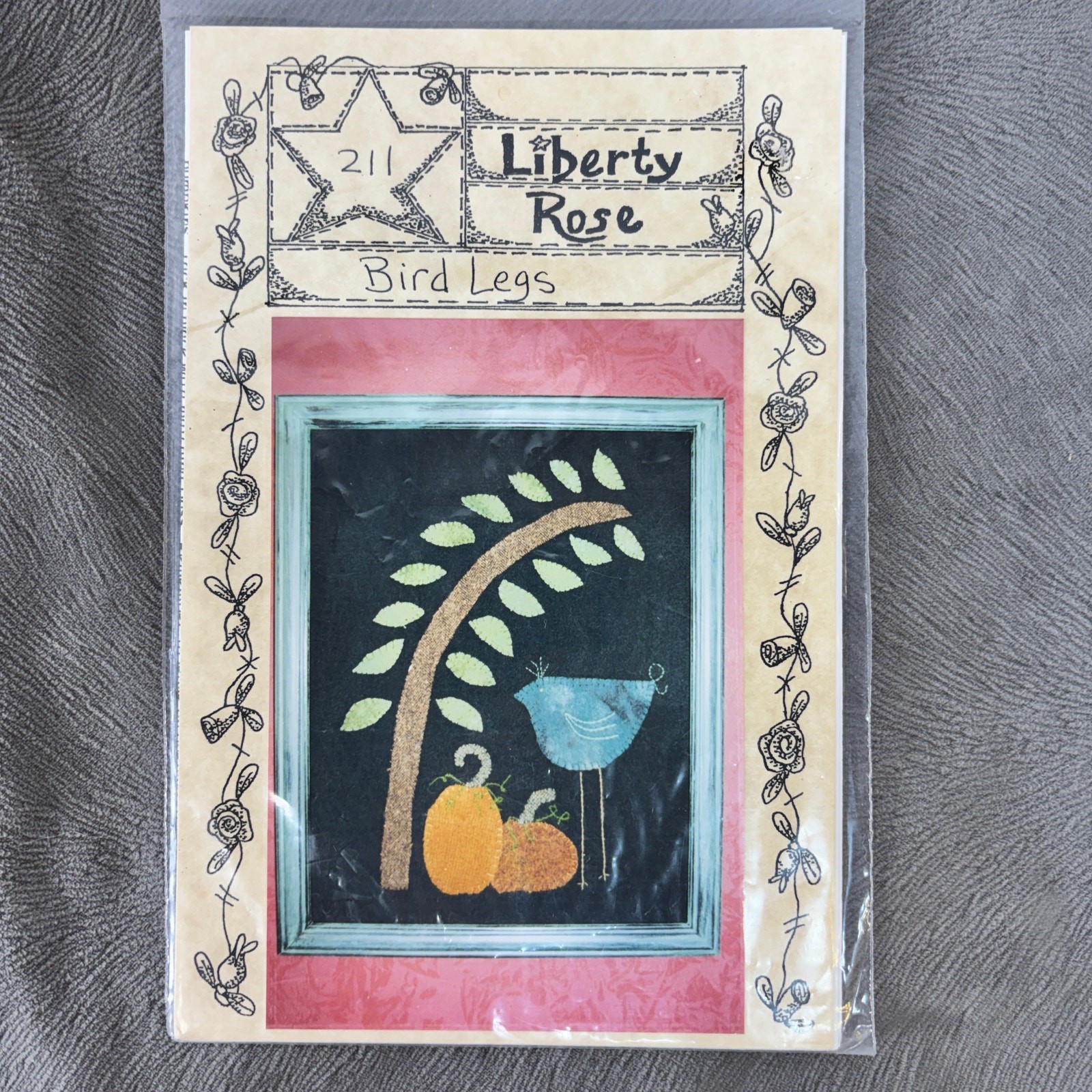 Liberty Rose Bird Legs W/ Pumpkin Felted Wool Wall Hanging Pattern #211 19 x 23"