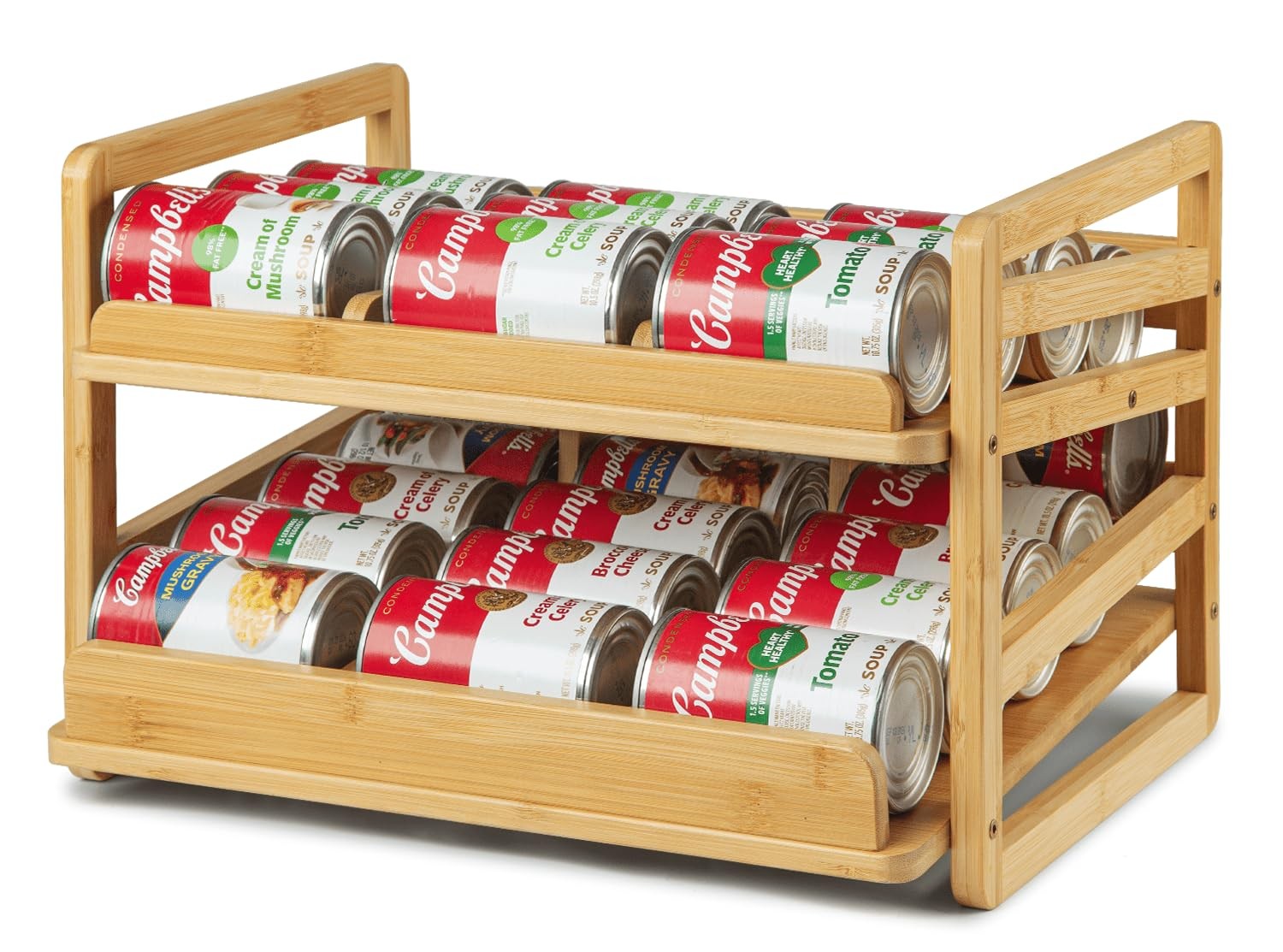 Bamboo Rolling Can Organizer for Pantry, Stackable 2 Tier Canned Food Organiz...