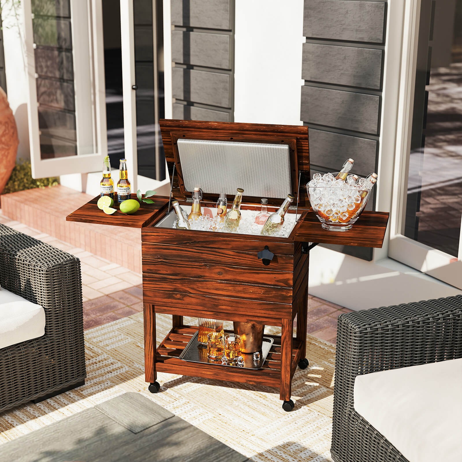 54 Quart Rolling Wooden Patio Cooler Cart with 2 Drop Leaf Tables Bottle Opener