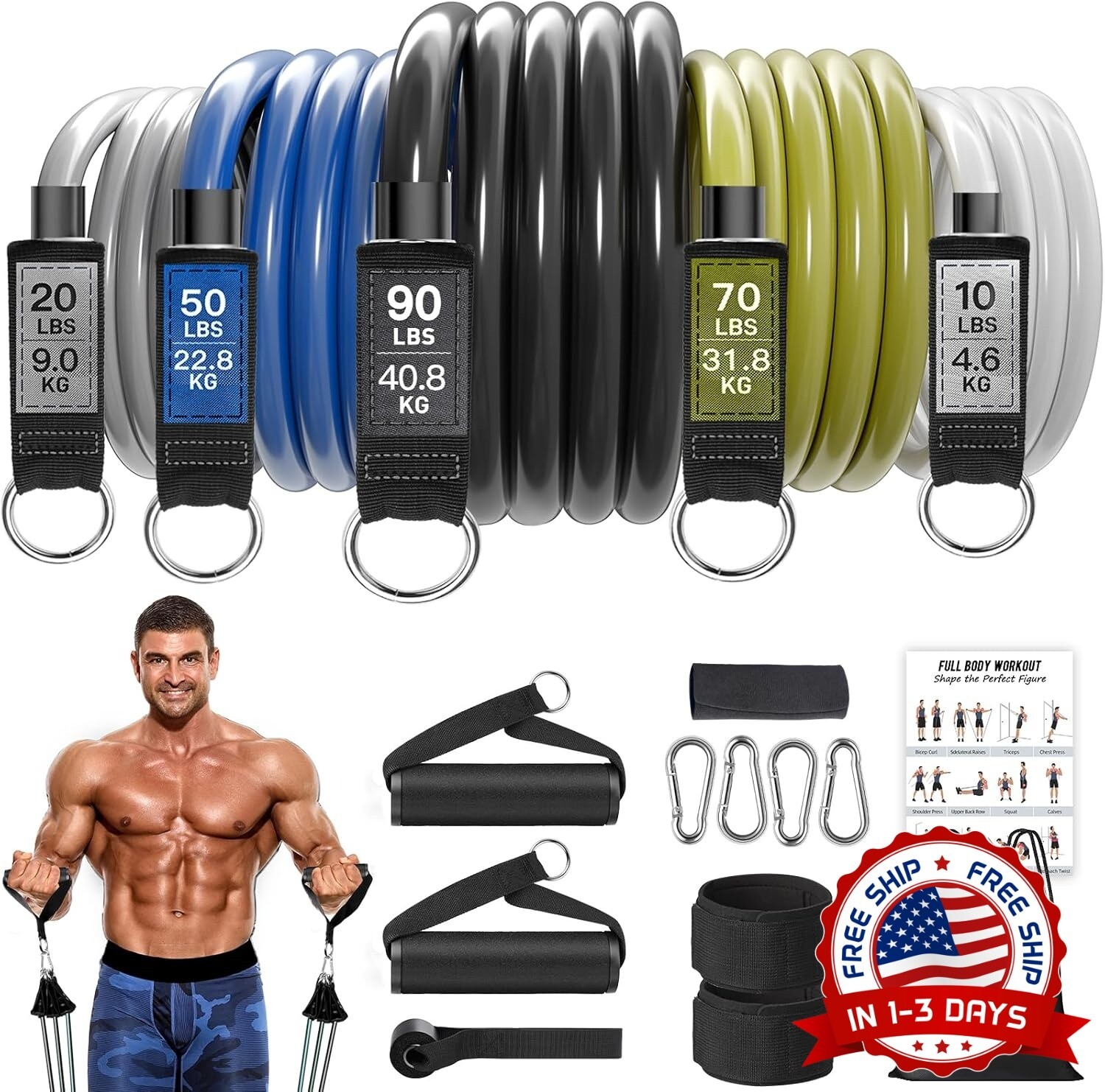 Bandas de resistencia pesada de ejercicio 240lbs peso con anclaje de puerta NEW