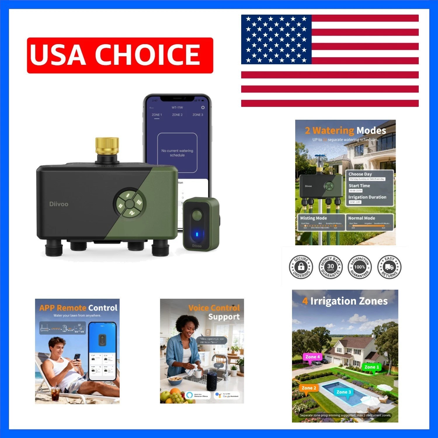 4 Zone WiFi Water Timer with Brass Inlet, Smart Hose Sprinkler Timer 4 Outlet...