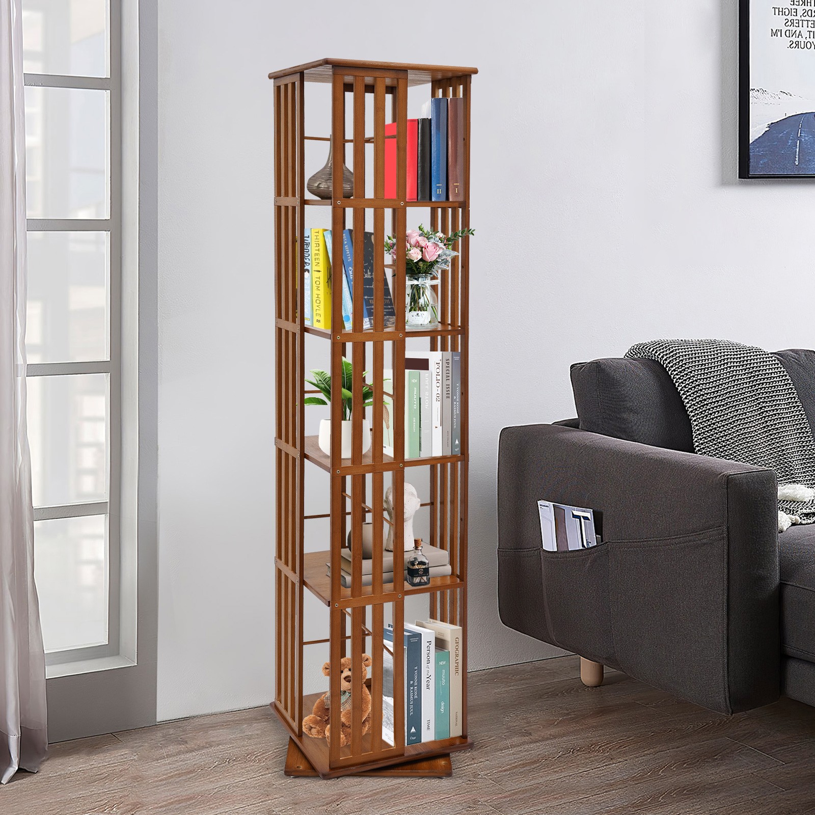 Bamboo Rotating Bookshelf 5 Tiers Open Shelving Magazine Storage Display Rack
