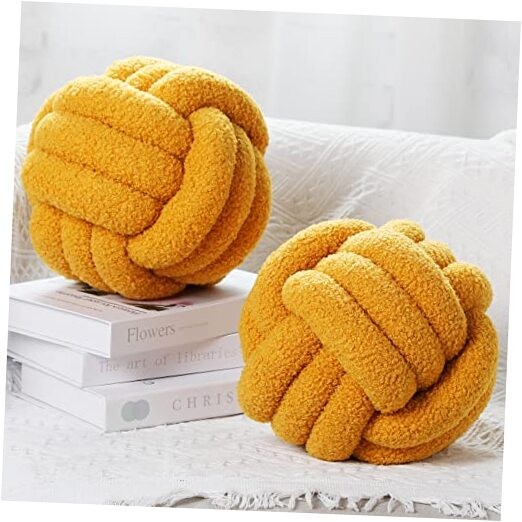 2 Pcs Knot Pillows Home Decorative Round Ball Throw Plush 11 Inch Turmeric