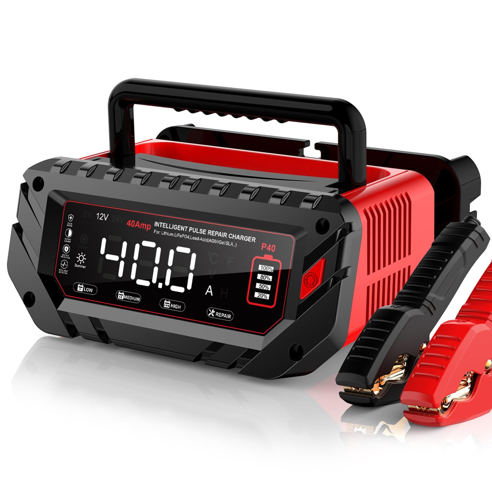 40 AMP Car Battery Charger, 6V/12V/24V Lead-Acid, Lithium, LiFePo4 Red-black