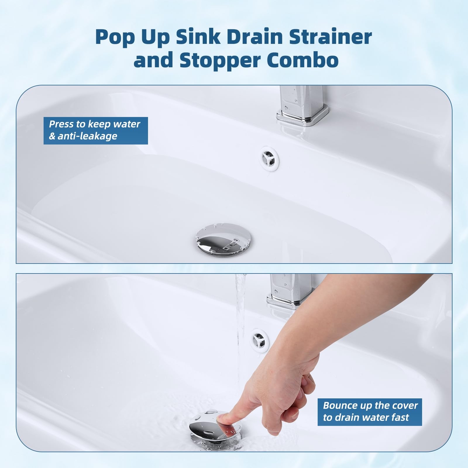 Hibbent Upgraded 3 in 1 Bathroom Sink Drain Strainer, Universal Pop Up Chrome
