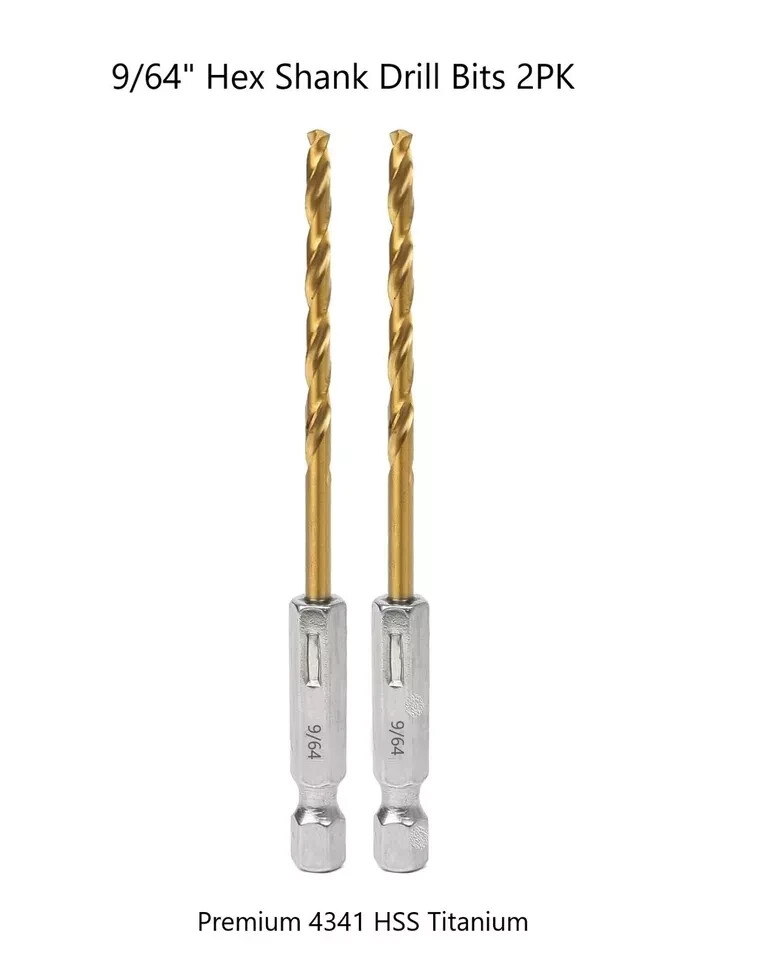 9/64" Hex Shank Drill Bits 2PK Premium 4341 HSS Titanium Coated, Ships Free!