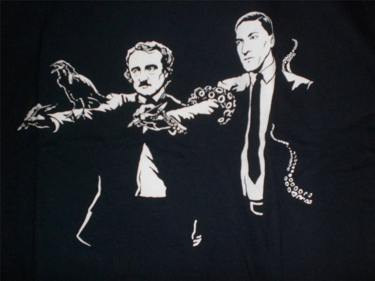 TeeFury Poe MEDIUM "Dark Fiction II" Edgar Allen Poe, HP Lovecraft Mash Up NAVY