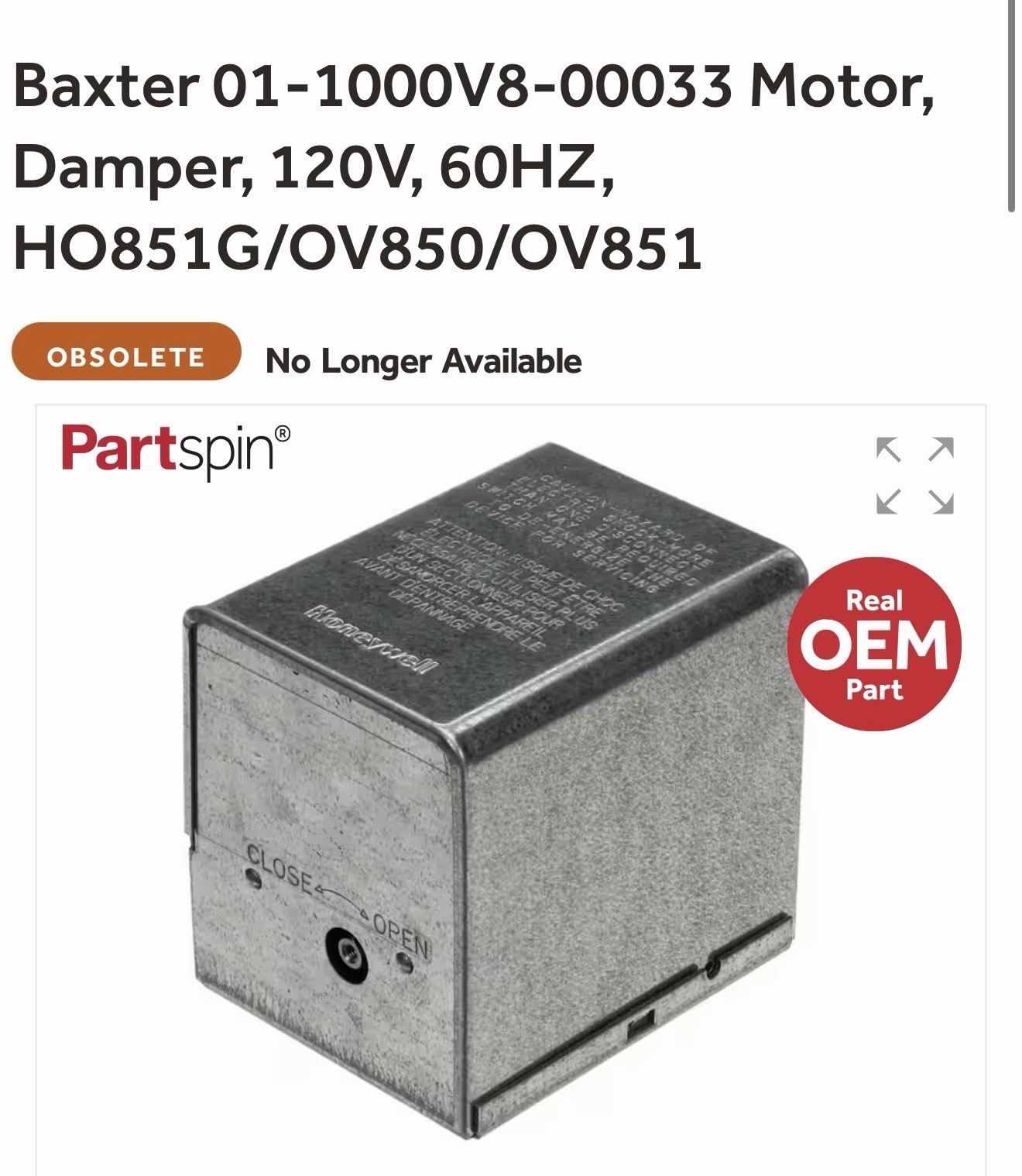 Baxter 01-1000V8-00033 Motor, Damper, 120V, 60HZ, HO851G/OV850/OV851. New