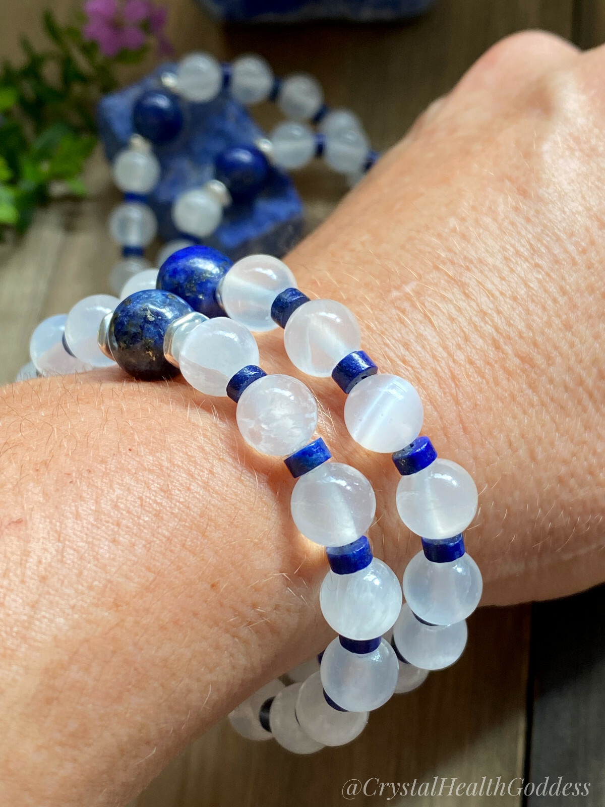 Selenite Lapis Lazuli Bracelet 925 Sterling Silver