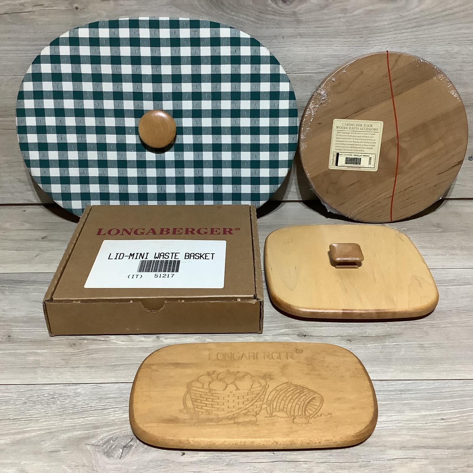 Vintage Lot Of 4 Longaberger Basket Lids Plaid Mini Waste Basket 9" Round Carved