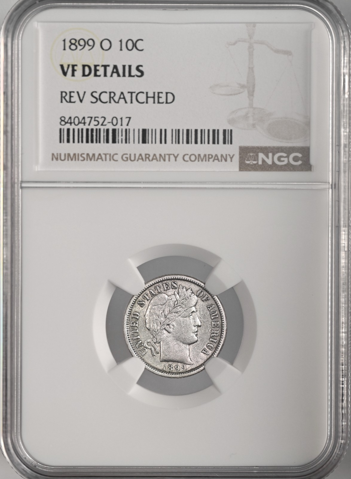 1899-O  10C BARBER SILVER DIME NGC VF DETAILS "REV SCRATCH" 8404752-017 "READ"