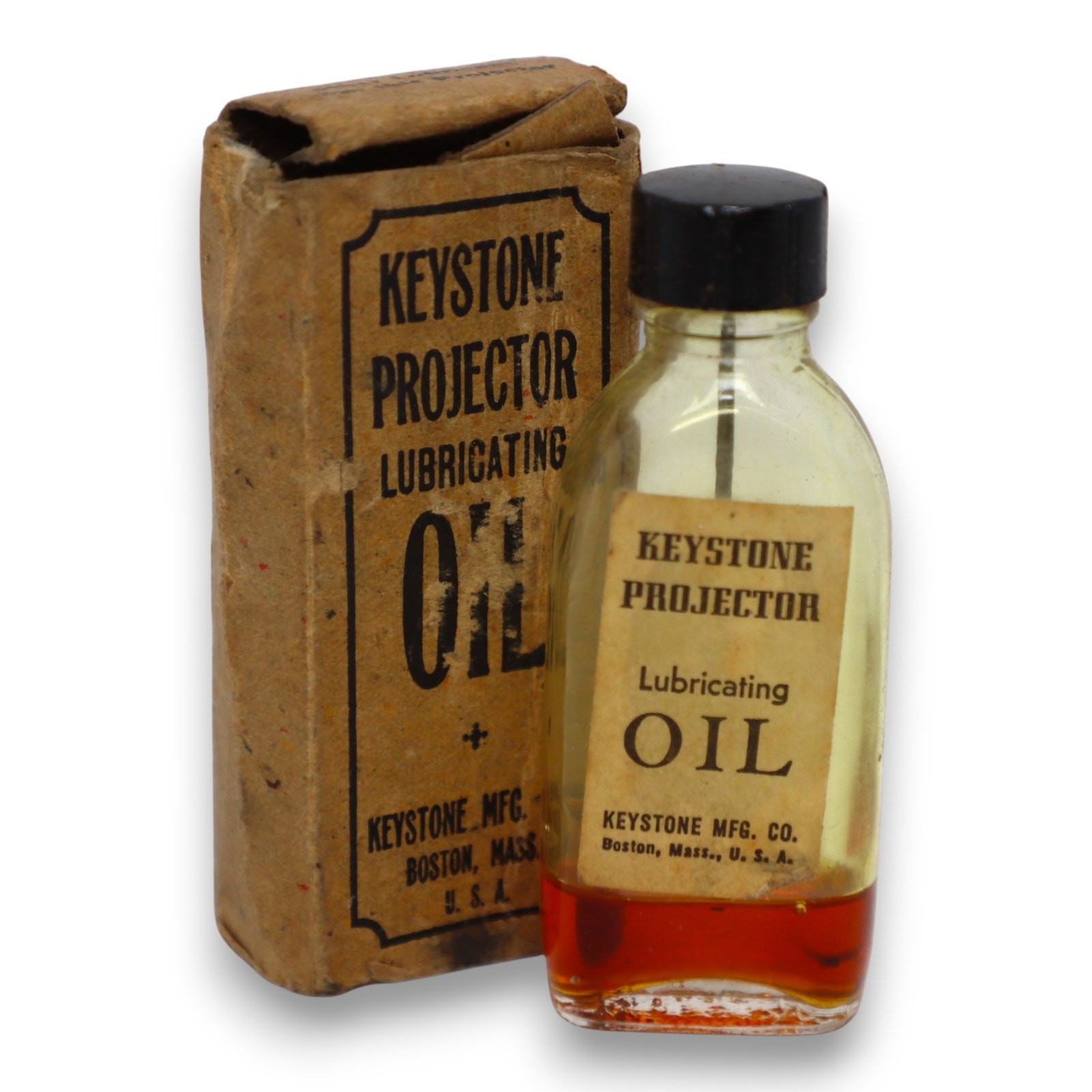 Keystone Projector Oil in Original Bottle and Box Boston Mass  Antique