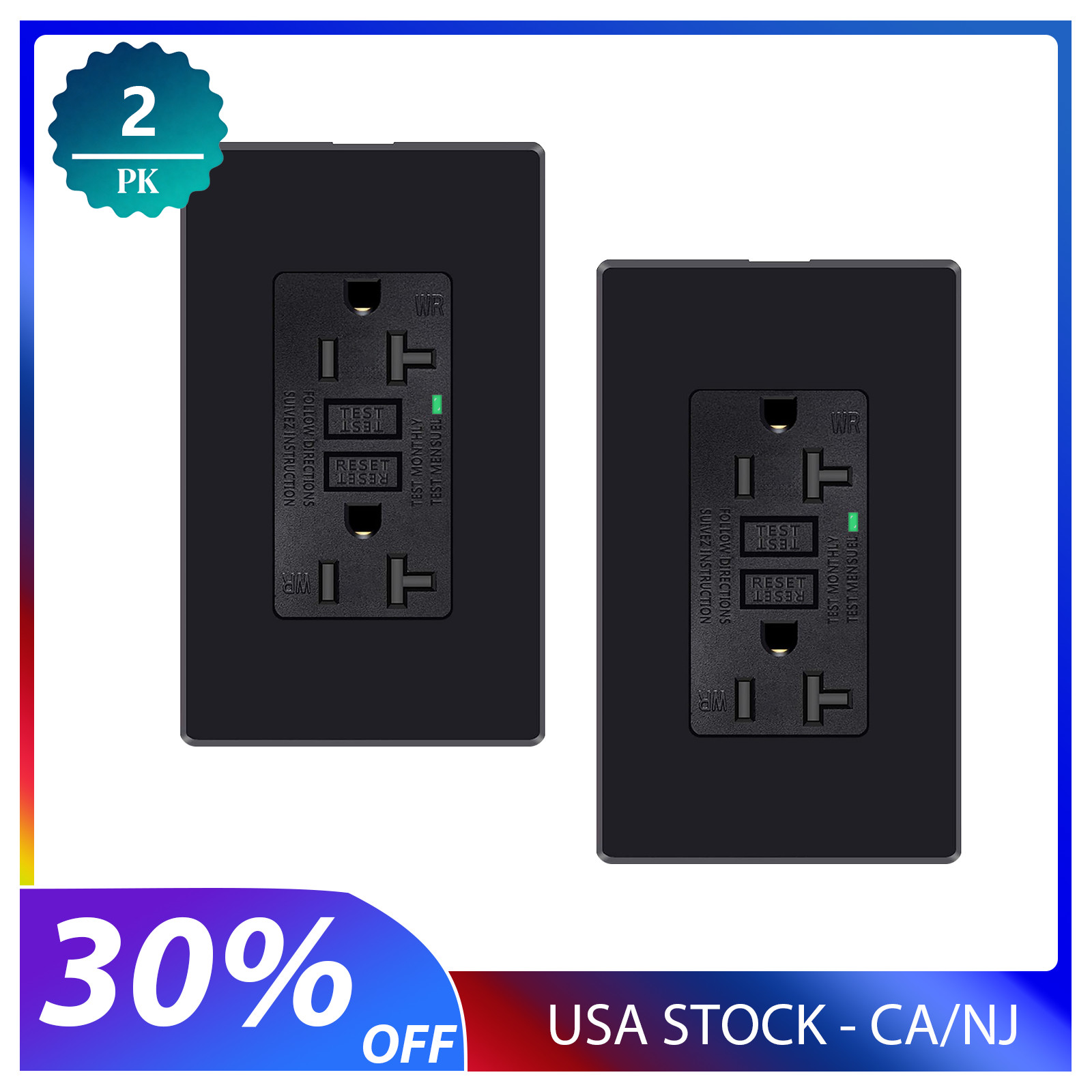 2Pack 20A GFCI Outlet Black Tamper Weather Resistant Receptacle with Wall Plates