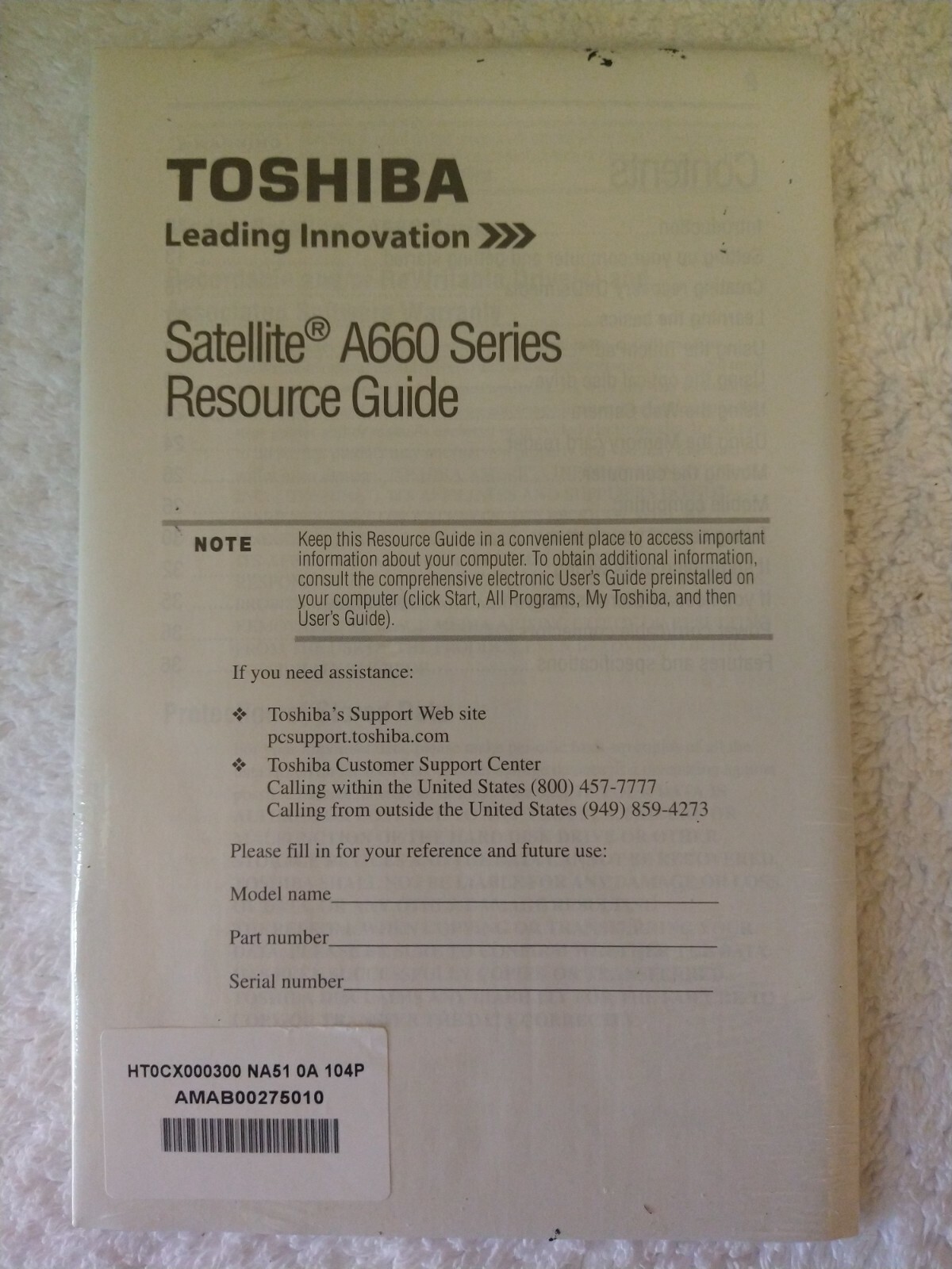 New Sealed Toshiba Satellite A660 Series Resource Guide Sealed