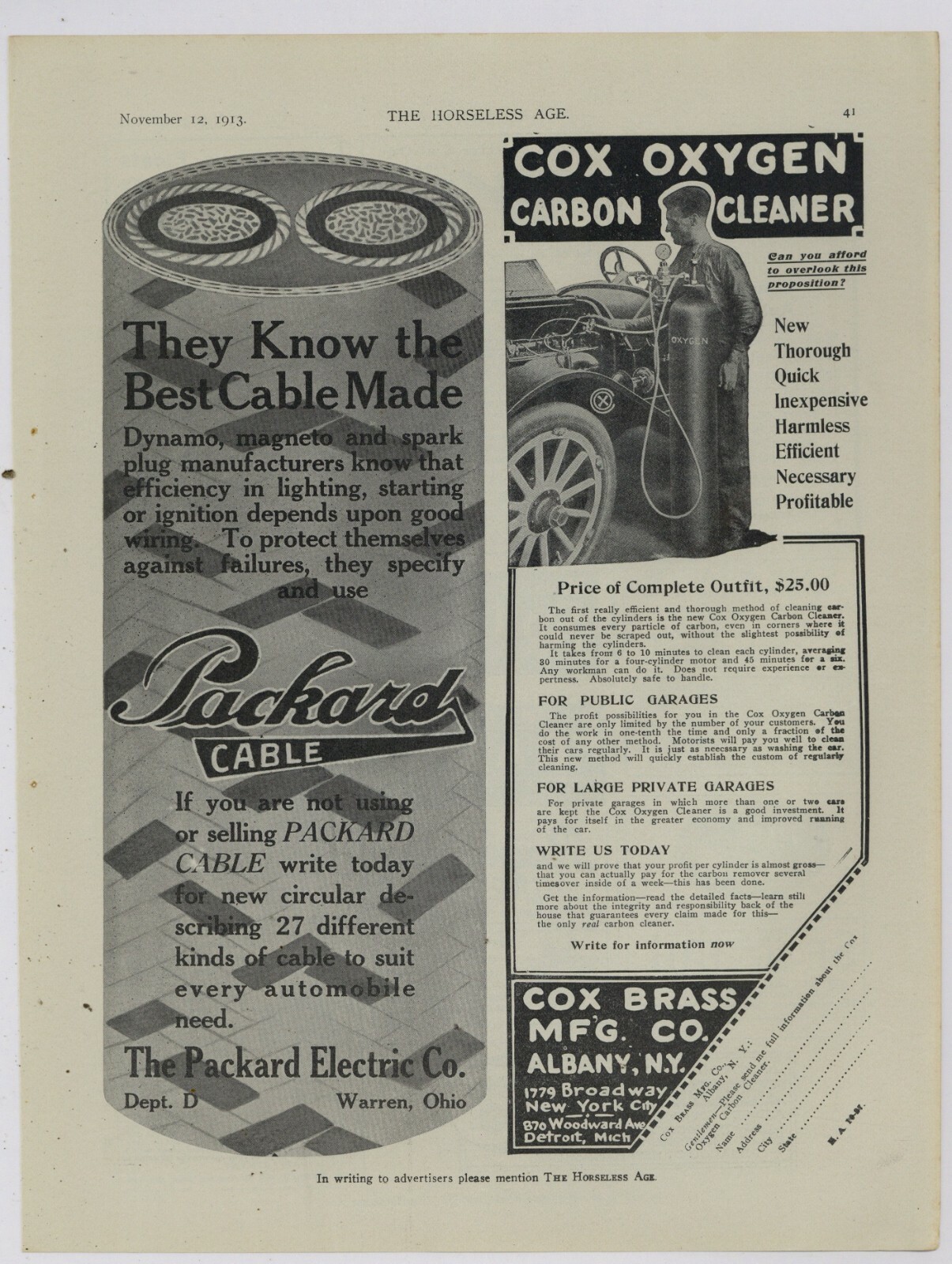 1913 Cox Brass Mfg. Co. Ad: Oxygen Carbon Cleaner - Albany, New York